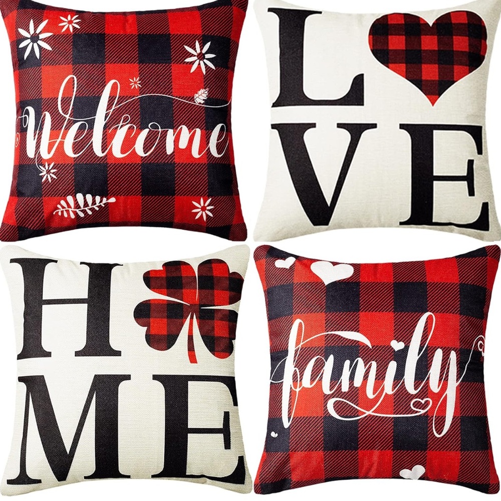 Buffalo Plaid Throw Pillow Covers - Set of 4 Cushion Case,18 x 18 in Black & Red